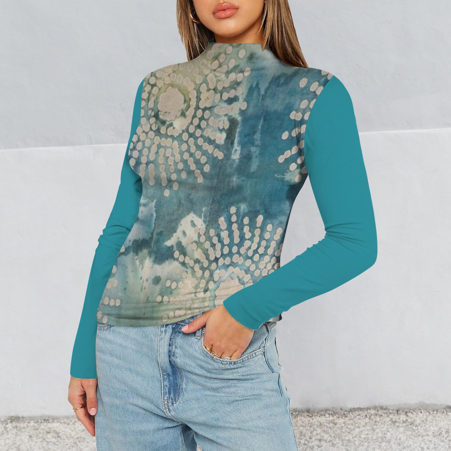 African Print Aqua Turtle Neck Style - Vibrant and Stylish Women's Top